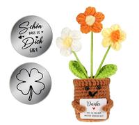 EUIOOVM Pot de fleurs en laine crocheté fait à la main, tournesols en laine, cadeau de remerciement, avec carte de vœux, orange et blanc
