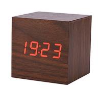 Eujgoov Réveil Numérique en Bois, Horloge en Bois, Lumière LED, Cube Moderne Multifonctionnel, Affiche l'heure et la Température pour la Maison, Le Bureau, Les Voyages (Bois Brun