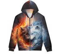 EujGvboU Sweat à capuche réaliste avec impression numérique 3D pour homme, Loup de feu noir et blanc, M