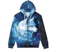 EujGvboU Sweat à capuche zippé pour homme Imprimé 3D Cool Wolf Taille XS à 5XL, Nébuleuse de la Galaxie Blanche Loup Bleu, XS