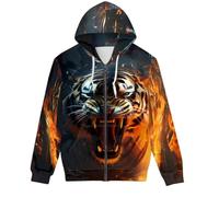 EujGvboU Sweat à capuche zippé pour homme Imprimé 3D Cool Wolf Taille XS à 5XL, Tigre du feu., L