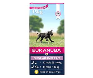 Eukanuba - Croquettes pour chiot de Grande Race - 100% complet et équilibré ; Sans arôme artificiel ajouté, colorant artificiel ; Riche en poulet - calcium fibres FOS DHA - sac fermable de 15kg