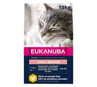 EUKANUBA - Croquettes Premium pour Chat Senior - Alimentation 100% Complète et Equilibrée - Riche en Riz - Au Poulet Frais - L-carnitine - Sans OGM, Sans Blé - Sac refermable - 10kg