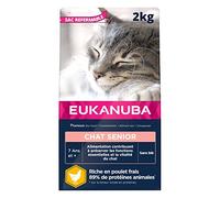 EUKANUBA - Croquettes Premium pour Chat Senior - Alimentation 100% Complète et Equilibrée - Riche en Riz - Au Poulet Frais - L-carnitine - Sans OGM, Sans Blé - Sac refermable - 2kg