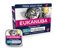 EUKANUBA Grain Free pour Chat Adulte - Pâtée Premium SANS CEREALES - Sans gluten - Faible teneur en graisses - Riche en Poulet et enrichie en Taurine - 12 barquettes aluminium de 85 g