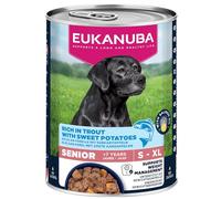 EUKANUBA Life Care Aliment Humide Chien Senior 7 Ans + Toutes Races, Pâtée Riche en Truite & Patates Douces, Oméga-3, L-Carnitine, Prébiotiques, sans OGM Colorants Conservateurs, 6 boîtes de 400g
