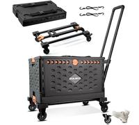 EULANT 2in1 Chariot à Main Pliable avec Boîte Pliante 60L et Couvercle,Chariot de Transport avec Roues Pivotantes à 360° et 2 Cordes Elastiques,Caisse sur Roues avec Poignée Ajustable et Frein