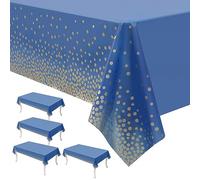 EULAPGOE 4 Pièces Nappe Bleu, Nappe Table 137 x 274 cm Or Bleu foncé Couverture de Table en Plastique Dot Confetti Nappes Rectangulaire pour Picnic, Jardin, Anniversaire, Mariage