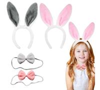 EULAPGOE Accessoires costume lapin 4 pièces enfants et adultes - serre-tête oreilles lapin gris et rose + nœuds papillon blanc et rose - déguisement fête Pâques carnaval anniversaire