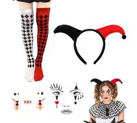 EULAPGOE Deguisement Halloween Clown,Déguisement Arlequin Femme - Costume de Clown - Accessoires Festifs - Rouge et Noir - Avec Tête de Clown et Bas à Losanges