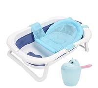 Eulenke Baignoire pliable pour bébé avec thermomètre intégré et gobelet de lavage des cheveux, portable, antidérapante, 50 l, pour nouveau-né à 3 ans, coussin de soutien inclus, bleu