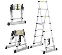 Eulenke echelle telescopique 1,7 m + 2 m, Échelle Pliable Extensible en Aluminium, escabeau telescopique avec Barre stabilisatrice 5 + 6 échelons, Antidérapante échelles, argenté