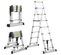 Eulenke echelle telescopique 2 m + 2,3 m, Échelle Pliable Extensible en Aluminium, escabeau telescopique avec Barre stabilisatrice 5 + 6 échelons, Antidérapante échelles, argenté