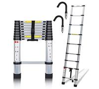 Eulenke Échelle télescopique 3,2 m avec 2 Crochets Amovibles, echelle Pliante en Aluminium, Portable et Antidérapante escabeau Charge jusqu'à 150 kg, Échelle Extensible Multi-usages Haute sécurité