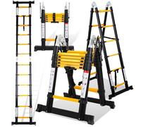 Eulenke Echelle Telescopique 3,8m/1,9m+1,9m, échelles télescopiques avec stabilisateur, echelle Pliante Charge maximale:150 kg, escabeau telescopique en Aluminium 6+6 Echelons, Noir et Jaune
