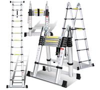 Eulenke Echelle Telescopique 3,8m/1,9m+1,9m, échelles télescopiques avec stabilisateur, echelle Pliante Charge maximale:150 kg, escabeau telescopique en Aluminium 6+6 Echelons Antidérapante