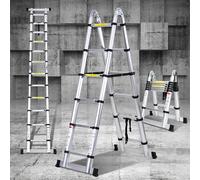 Eulenke échelle Télescopique 3,8m(1,9m+1,9m), Multifonction echelle Pliante en Aluminium, escabeau telescopique avec stabilisateur, Antidérapante echelle de Toit capacité Charge 150 kg, argenté