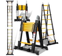 Eulenke Echelle Telescopique 5m/2,5m+2,5m, échelles télescopiques avec stabilisateur et Roues, Charge maximale:150 kg, escabeau telescopique en Aluminium 8+8 Echelons Antidérapante, Noir et Jaune