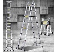 Eulenke échelle Télescopique 5m-2,5m+2,5m, Multifonction echelle Pliante en Aluminium, escabeau telescopique avec stabilisateur et Roues, Antidérapante echelle de Toit capacité Charge 150kg, argenté