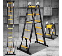 Eulenke Échelle télescopique en Aluminium, escabeau Multi-Usage 3,8m(1,9m+1,9m) avec stabilisateur, echelle Pliante Charge maximale : 330lbs / 150 kg, Antidérapante escabeau telescopique, argenté