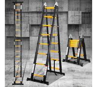 Eulenke Échelle télescopique en Aluminium, escabeau Multi-Usage 5m (2,5m + 2,5m) avec stabilisateur, echelle Pliante Charge maximale : 330lbs / 150 kg, Antidérapante escabeau telescopique, argenté