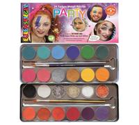 Eulenspiegel 224229 - Palette de maquillage Party, 20 couleurs de maquillage aquatique professionnel, 4 x paillettes, 3 x pinceaux, kit de maquillage vegan, pour carnaval, festivals