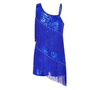 Eulervate Fille Robe Danse Latine Justaucorps Frangé Strass Tenue Danse Moderne Jazz Salsa Rumba Samba Costume Compétition Bleu Royal 11-12 Ans