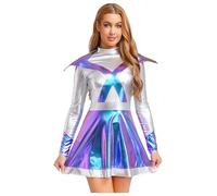 Eulervate Robe Métallique Femme Robe Holographique Manches Longues Déguisement Alien Spatial Costume Carnaval Party Halloween Bleu L
