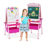 EULEUY Tableau Enfant Double Face Rose Réglable en Hauteur 3-8 Ans | Chevalet avec Tableau Blanc et Noir,Rouleau de Papier,Chiffres et Lettres,Sac de Rangemen