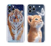 EuoDuo 2 Pièces Compatible avec iPhone 16 Pro Coque Motif Animal Silicone Etui TPU Souple Antichoc Housses de Protection Arrière Case Téléphone Portable - Tigre Chat