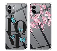 EuoDuo 2-Pièces pour Xiaomi Redmi A1 Coque de Telephone Silicone Etui Transparente Motif Bumper TPU Souple Antichoc Housse Protection, Fleur de Cerisier Papillon
