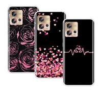 EuoDuo 3-Pièces pour Motorola Edge 30 Fusion Coque Silicone Transparente avec Motifs Ultra Fin TPU Souple Bumper Housse Etui de Protection, Noir Cœurs d'amour Rose Fleur