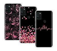 EuoDuo 3-Pièces pour Wiko View 5 Plus/Wiko View 5 Coque Silicone Transparente avec Motifs Ultra Fin TPU Souple Bumper Housse Etui de Protection, Noir Cœurs d'amour Rose Fleur