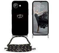 EuoDuo Compatible avec Realme C30 / Realme Narzo 50i Prime Coque Cordon Tour de Cou Telephone Portable Réglable Collier Étui Silicone TPU Noir Motifs Cover Protection Complète - Cœur d'amour