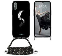 EuoDuo Compatible avec wiko Y51 Coque Cordon Tour de Cou Telephone Portable Réglable Collier Étui Silicone TPU Noir Motifs Cover Protection Complète - Plume Blanc