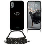 EuoDuo Compatible avec wiko Y51 Coque Cordon Tour de Cou Telephone Portable Réglable Collier Étui Silicone TPU Noir Motifs Cover Protection Complète - Cœur d'amour