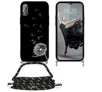 EuoDuo Compatible avec wiko Y51 Coque Cordon Tour de Cou Telephone Portable Réglable Collier Étui Silicone TPU Noir Motifs Cover Protection Complète - Pissenlit