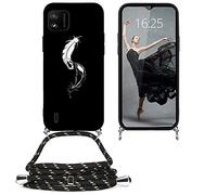 EuoDuo Compatible avec wiko Y82 Coque Cordon Tour de Cou Telephone Portable Réglable Collier Étui Silicone TPU Noir Motifs Cover Protection Complète - Plume Blanc