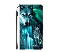 EuoDuo Coque Compatible avec Oppo A57 / Oppo A57s Étui Rabattable Motif Loups Bleu Housse Flip Cover Magnétique PU Cuir Support Porte-Cartes Pochette Antichoc Protection