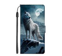 EuoDuo Coque Compatible avec Samsung Galaxy S25 Ultra Étui Rabattable Motif Loup Blanc Housse Portefeuille Flip Cover Magnétique PU Cuir Pochette Portable Antichoc Protection
