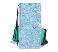 EuoDuo Coque Compatible avec Xiaomi Poco M7 4G Étui Rabattable Glitter Fleurie Cuir PU Housse Portefeuille Protection pour Téléphone Magnétique à Clapet Flip Case - Bleu Ciel