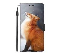 EuoDuo Coque Compatible avec Xiaomi Redmi A1 / Redmi A2 4G Étui Rabattable Motif Brun Neige Renard Housse Portefeuille Flip Cover Magnétique PU Cuir Pochette Portable Antichoc Protection