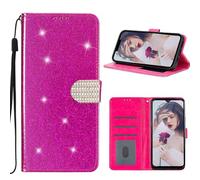 EuoDuo Coque Glitter Compatible avec Motorola Moto G54 5G Étui Folio en Cuir PU Portefeuille Femme Housse Magnétique Porte Carte Pochette Telephone Portable, Rouge Rose Paillettes