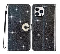 EuoDuo Coque Paillettes pour iPhone 15 Étui Rabat Telephone Portefeuille Cuir PU Glitter Brillant Fleur Housse avec Porte Carte Magnétique Flip Case - Noir