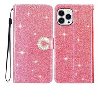 EuoDuo Coque Paillettes pour iPhone 16 Pro Max Étui Rabat Telephone Portefeuille Cuir PU Glitter Brillant Fleur Housse avec Porte Carte Magnétique Flip Case - Rose