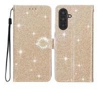 EuoDuo Coque Paillettes pour Samsung Galaxy S25 FE Étui Rabat Telephone Portefeuille Cuir PU Glitter Brillant Fleur Housse avec Porte Carte Magnétique Flip Case - Or