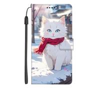 EuoDuo Coque Portefeuille pour Realme C35 4G / Realme Narzo 50A Prime Étui Rabattable en Cuir PU Housse Téléphone avec Porte Carte Magnétique à Rabat Case Pochette Cover - l'hiver Blanc Chat