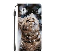 EuoDuo Coque Portefeuille pour Wiko View 5/View 5 Plus Étui Rabattable Motif Neige Marron Chat Housse en Cuir PU Pochette Portable Folio Case Magnétique Antichoc Protection