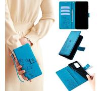 EuoDuo Coque pour Samsung Galaxy A16 5G / A16 4G Étui Rabattable PU Cuir Portefeuille Motifs Papillons et Fleurs Housse Telephone Carte Fentes Folio Case Bouton Aimantée Protection - Bleu