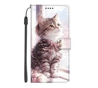 EuoDuo Coque pour Xiaomi Redmi A3 4G / POCO C61 Étui Rabattable Motif Fleur de Cerisier Chat Housse Portefeuille en Cuir PU Téléphone Portable Folio Case avec Porte-Carte Magnétique Protection